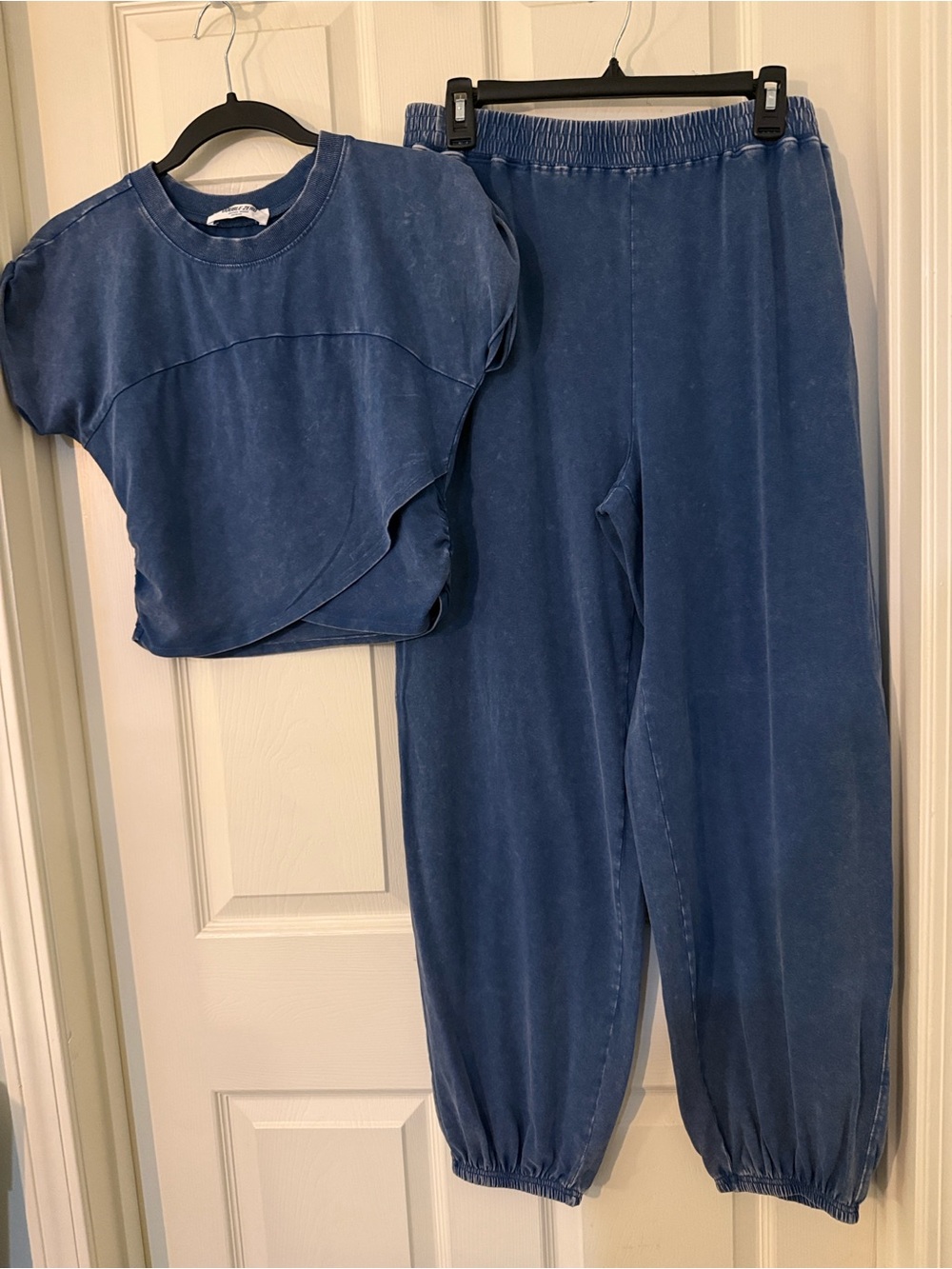 Double Zero Rolled-Sleeve Crossover Crop Top & Acid-Washed Jogger Pants